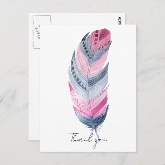 Carte Postale Boho Feather Rose Gris Aquarelle Merci (Devant / Derrière)