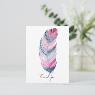 Carte Postale Boho Feather rose gris Merci d'aquarelle