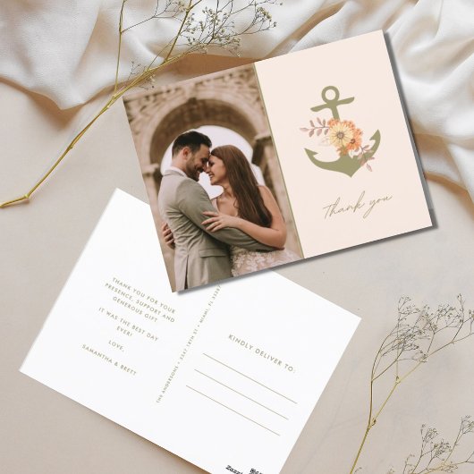 Carte Postale Boho Floral Ancre Mariage photo Merci