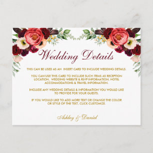 Carte Postale Boho Floral Bourgogne Détails du Mariage Insérer u