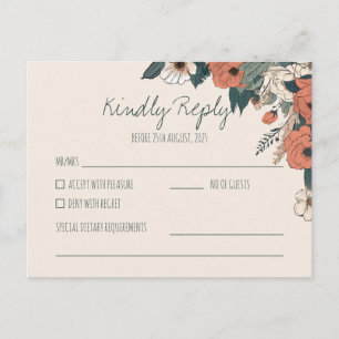 Carte Postale Boho Floral RSVP Réponse de mariage élégante