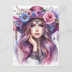 Carte Postale Boho Girl IA Art Mode Bohème