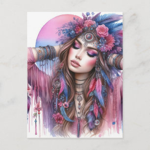 Carte Postale Boho Girl IA Art Mode Bohème