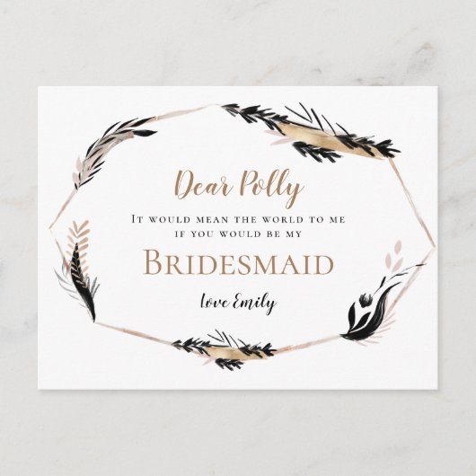 Carte Postale Boho Gold Black Feathermes Feuilles Demande d'aide (Devant)