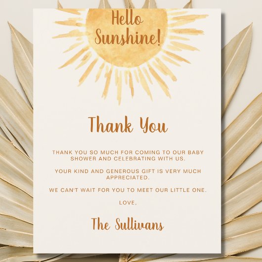 Carte Postale Boho Hello Sunshine Baby shower Merci