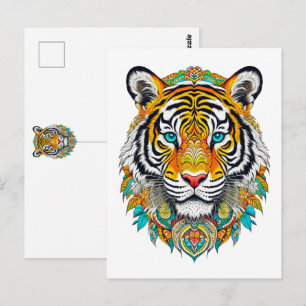 Carte Postale Boho Hippie Floral Année du Tigre Art