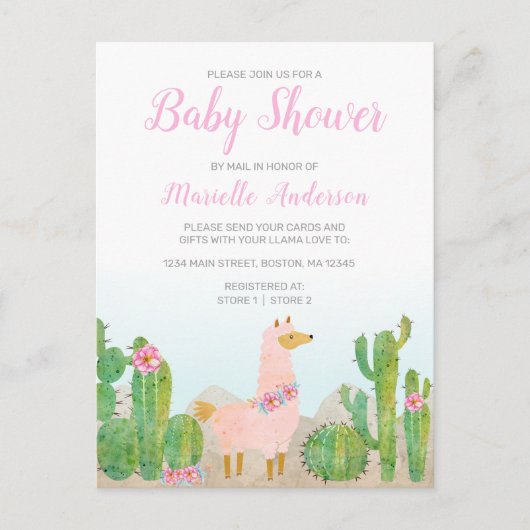 Carte Postale Boho Llama Baby shower d'aquarelle rose par courri (Devant)