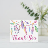 Carte Postale Boho Merci plumes violet rose Mariage indien (Debout devant)
