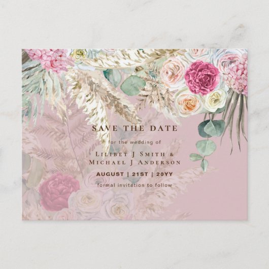 Carte Postale BOHO Pampas Grass Floral Mariage Enregistrer La Da (Devant)