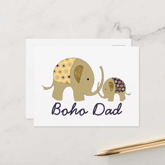 Carte Postale Boho Papa, Gold Elephant (Devant/Arrière en situation)
