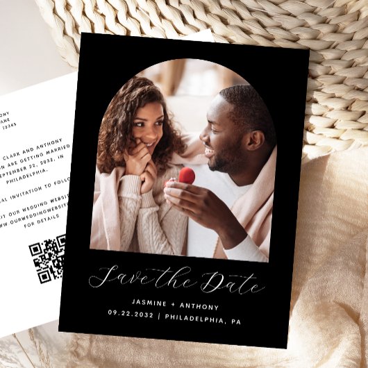 Carte Postale Boho Photo Arch Black QR Code Enregistrer la date