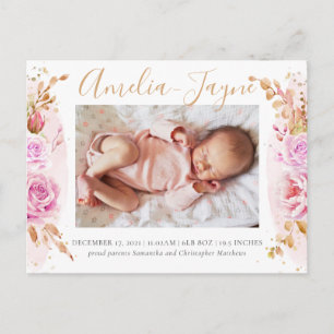 Carte Postale Boho Photo Baby Girl Faire-part de naissance