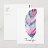 Carte Postale Boho plume rose gris aquarelle Merci (Devant / Derrière)