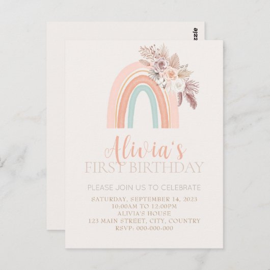 Carte Postale Boho Rainbow Watercolor Premier anniversaire (Devant / Derrière)