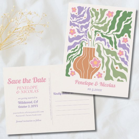 Carte Postale Boho Retro mariage floral Enregistrer la date Cart