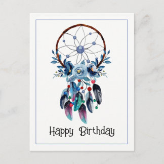 Carte Postale Boho Rêve Attrapeur de Rêves Plume Floral Bon Anni
