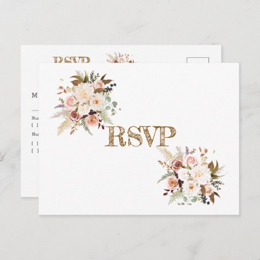 Carte Postale Boho Roses de couleur douce / Fleurs blanches RSVP (Devant / Derrière)