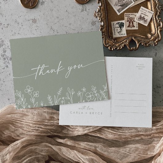 Carte Postale Boho Sage Green Wildflower Wedding Thank You