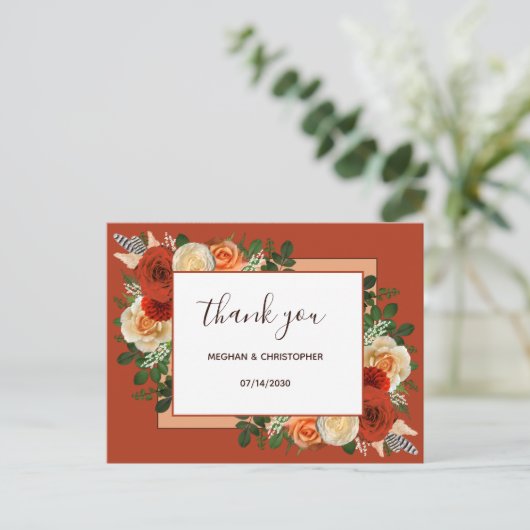 Carte Postale Boho Terracotta rouille Mariage Floral Merci (Debout devant)