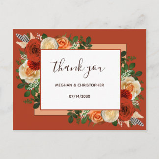 Carte Postale Boho Terracotta rouille Mariage Floral Merci