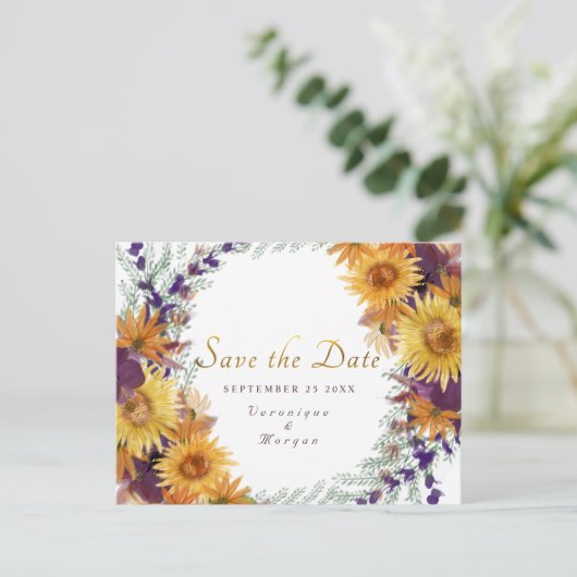 Carte Postale Boho tournesol script or floral Enregistrer la dat (Debout devant)