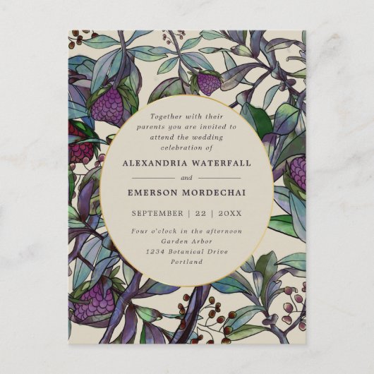 Carte Postale Boho violet faire-part de mariage à feuilles verte (Devant)