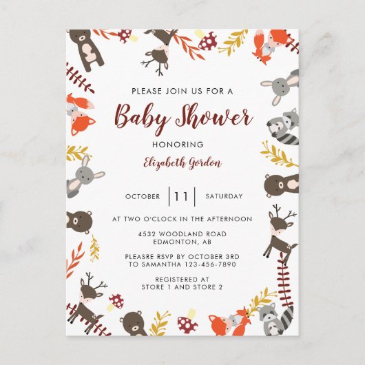Carte Postale Bois Baby shower mignon Animaux forestiers Neutres (Devant)