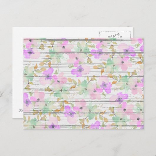 Carte Postale Bois Blanc Rustique Fleurs Vert Menthe Rose Pâle (Devant / Derrière)