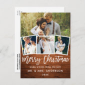Carte Postale Bois Brush Script Mariage Noël 4 Photo (Devant / Derrière)
