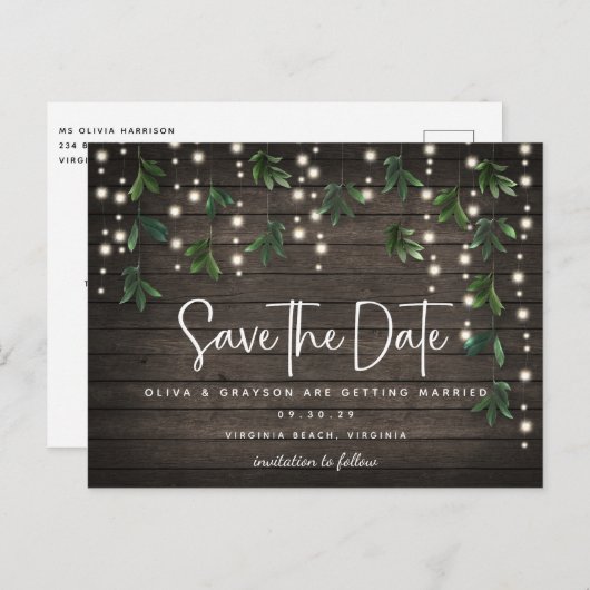 Carte Postale Bois Chaîne Lumières Script Mariage Enregistrer la (Devant / Derrière)