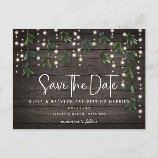 Carte Postale Bois Chaîne Lumières Script Mariage Enregistrer la (Devant)