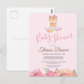 Carte Postale Bois Renard rose Aquarelle Baby shower Floral