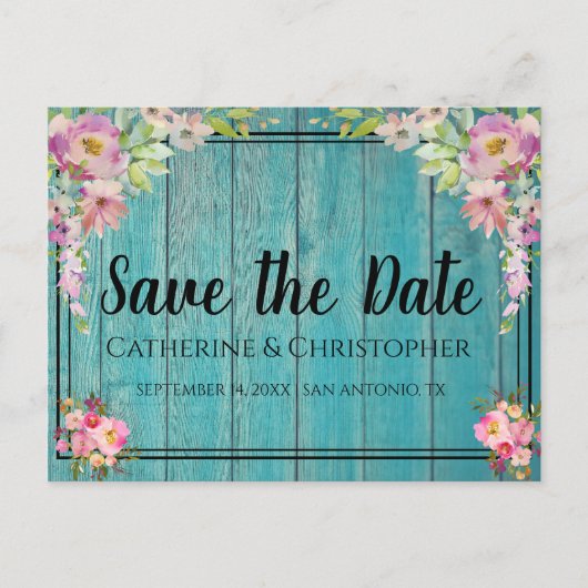 Carte Postale Bois rustique Enregistrer la date Faire-part flora (Devant)