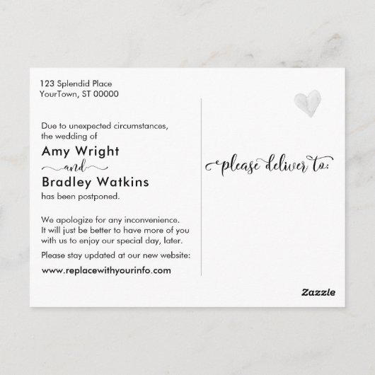 Carte Postale Bois rustique et lumières Avis Mariage reporté (Dos)