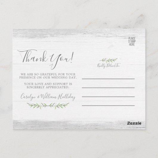 Carte Postale Bois rustique et Merci Mariage de feuilles botaniq (Dos)