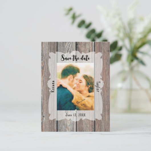 Carte Postale Bois Rustique Planks Mariage Photo Enregistrer Dat (Debout devant)