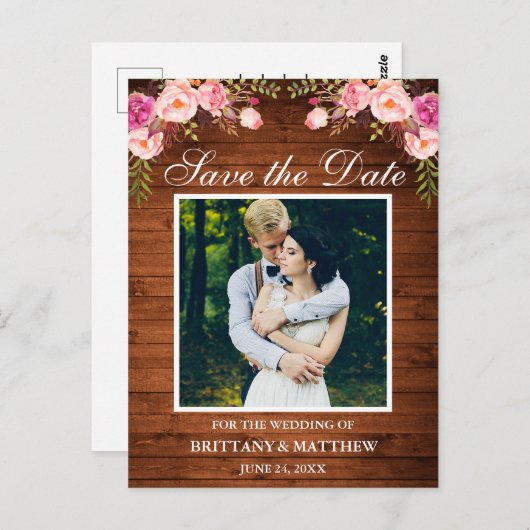 Carte Postale Bois rustique rose floral photo Enregistrer la dat (Devant / Derrière)