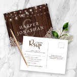 Carte Postale Bois rustique voyants dentelle mariage RSVP<br><div class="desc">Rustic Wood et String Lights dentelle mariage RSVP carte postale avec un arrière - plan en bois rustique avec des cordes scintillantes de lumières et dentelle de style vintage dans les coins inférieurs. "RSVP" est lancé dans une typographie élégante mais rustique, ce qui en fait le design parfait pour votre...</div>