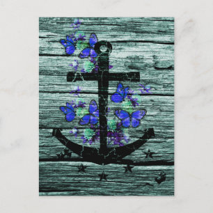 Carte Postale Bois vintage & Ancre Noire Avec Papillons Bleus