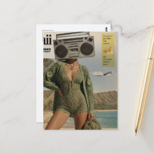 Carte Postale Boîte à rythmes surréaliste femme Hawaï Collage
