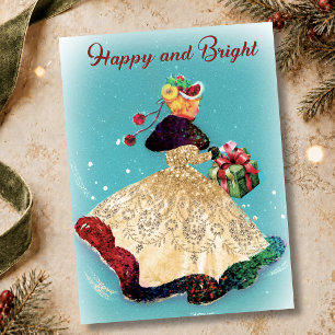 Carte Postale Boîte cadeau de Noël vintage fille paillettes doré