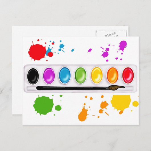 Carte Postale boîte de peinture avec éclaboussures (Devant / Derrière)