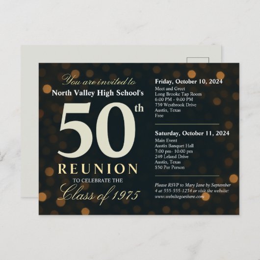 Carte Postale Bokeh Lights 50th High School Reunion 2 Day Event (Devant / Derrière)
