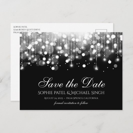 Carte Postale Bokeh Lights Black and White Enregistrer la date (Devant / Derrière)