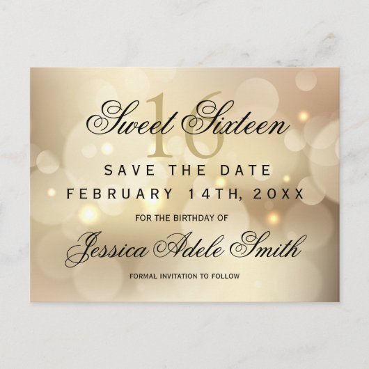 Carte Postale Bokeh or glamour doux doux 16 enregistrer la date (Devant)