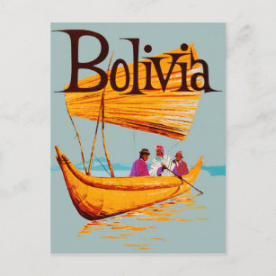 Carte Postale Bolivie, pêcheurs sur le bateau, voyage vintage