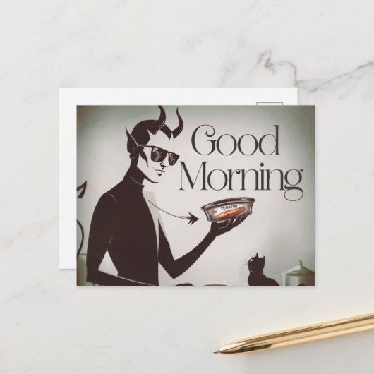 Carte Postale Bon Matin Diable Nourriture Chat TunaFin (Devant/Arrière en situation)