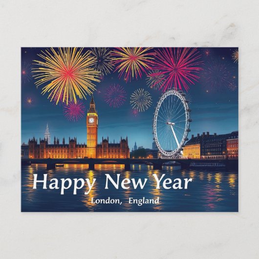 Carte Postale Bon Nouvel An Londres Feu d'artifice sur Big Ben (Devant)