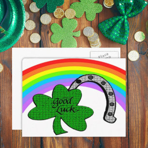 Carte Postale Bon Shamrock de chance, Arc en ciel et fer à cheva