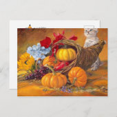 Carte Postale bon thanksgiving citrouilles de jour avec chat (Devant / Derrière)
